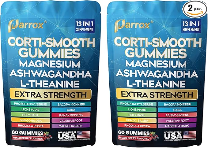 Corti-Smooth Cortisol Support Gummies with Magnesium L-Theanine Ashwagandha Phosphatidylserine Bacopa Monnieri Lions Mane Ginkgo Biloba Valerian Root (Mixed Berry Flavor - 2 Pack)
