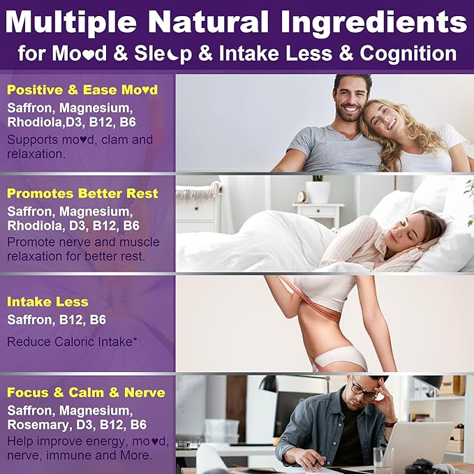 Saffron Supplements Gummies - 4 Months Supply - Saffron Extract 177mg 88.5mg w/Magnesium Glycinate 400mg 200mg Rhodiola Rosea Rosemary B6 B12 D3 for Calm Nerve Rest Focus Sugar-Free 2 Pack