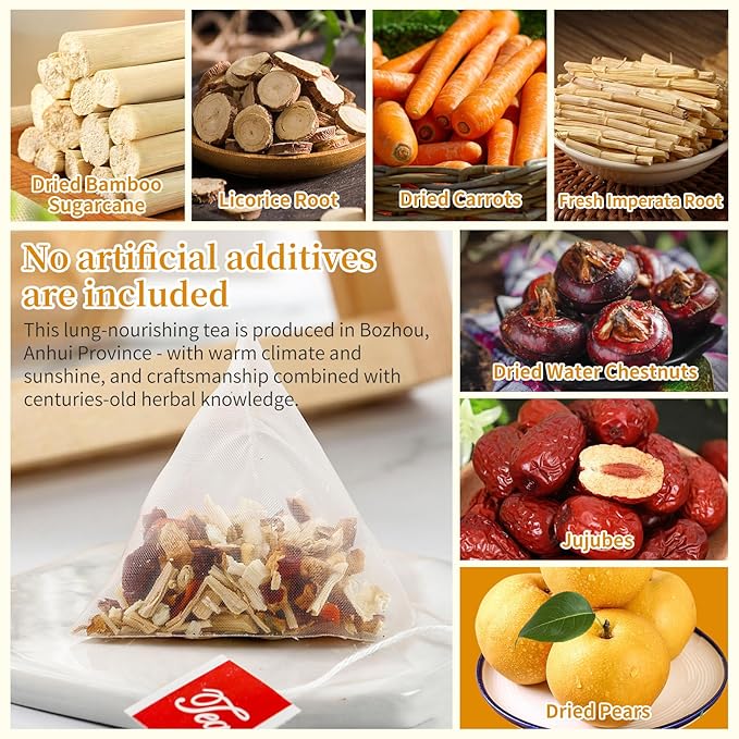 DOZO Breathe Easy Tea Sugar Cane Dry and Thach Root Snow Pear Tea Bags Throat Soother 7.05oz/25 Bags Dried Pears Jujubes Dried Bamboo Sugarcane Carrots Imperata Root Licorice 竹蔗茅根雪梨茶 润肺茶 止咳化痰