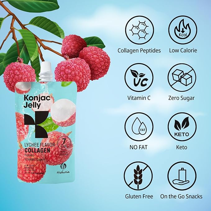 Hethstia Konjac Jelly 10 Pouches Drinkable Lychee Konjac Jelly with Collagen Peptides Low Calorie Litchi Jello Vitamin C Light Snacks Sugar Free Keto Gluten-Free Healthy Food Gifts