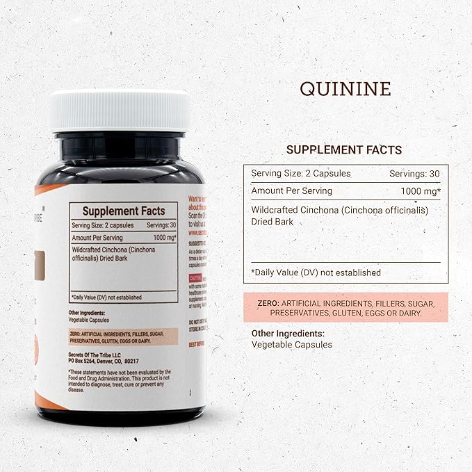 Secrets of the Tribe Quinine Capsules 1000 mg Wildcrafted Quinine (Cinchona officinalis) Dried Bark Leg Cramp Support Supplement (60 Capsules)