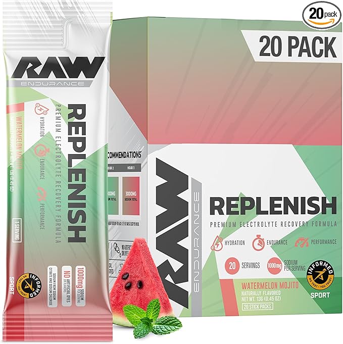 RAW Replenish Packets Premium Electrolytes Powder Recovery Formula Watermelon Mojito (20 Stick Packs) - Flavored Electrolyte Drink Mix for Hydration Replenishment Endurance &amp Performance Worko