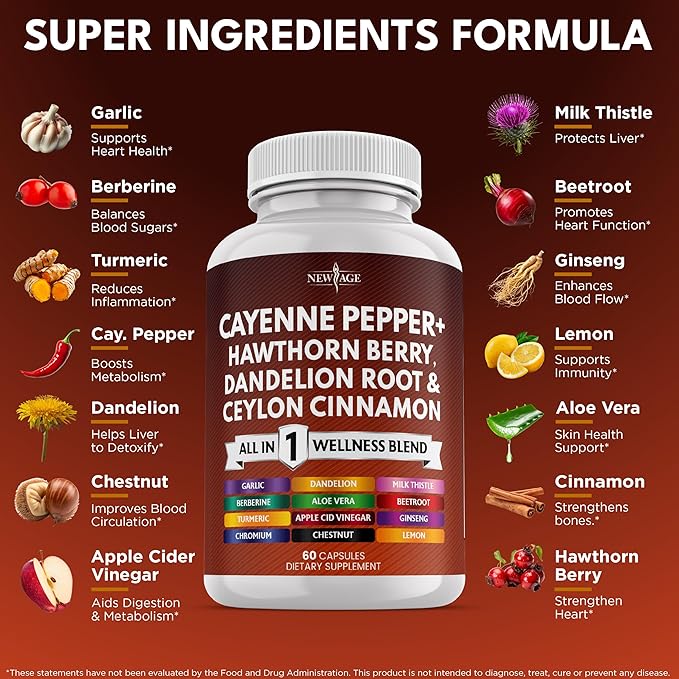 NEW AGE Cayenne Pepper Capsules Supplement with Hawthorn Berry Dandelion Root Ceylon Cinnamon Garlic Ginger ACV Milk Thistle Beet Root Aloe Vera - 120 Count