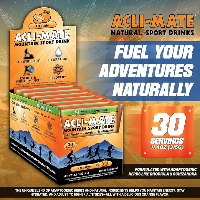 Acli-Mate Mountain Sport Drink Mix - High Altitude Acclimatization Electrolyte Powder Packets - Energy Drink Mix - Recovery Hydration Packet for Running Hiking Cycling Travel &amp More (30 CT Ora