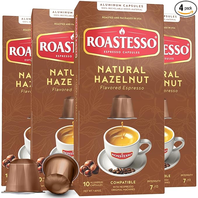 Roastesso Aluminum Espresso Capsules Natural Hazelnut Flavored Coffee Compatible with Nespresso Original Machines Medium Roast Intensity 7 Recyclable Coffee Pods Packed in USA (40 Count)