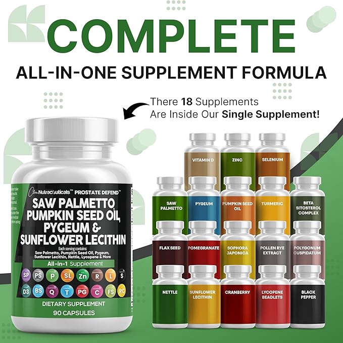 Clean Nutraceuticals Saw Palmetto Pumpkin Seed Oil Pygeum Sunflower Lecithin Stinging Nettle Cranberry - Prostate Supplements for Men with Lycopene - 90 Caps (Pack of 2)