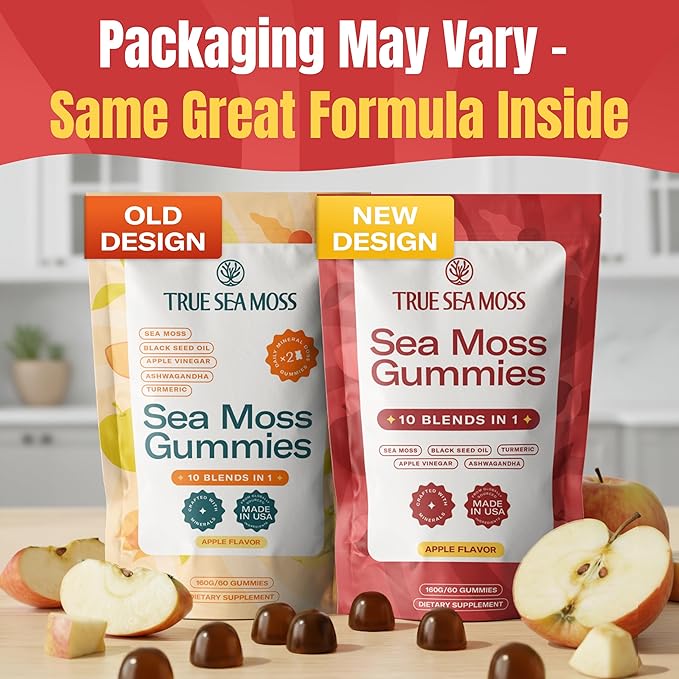 TrueSeaMoss Sea Moss &amp Apple Cider Vinegar Gummies – 10-in-1 Blend with Black Seed Oil Ashwagandha Turmeric Burdock Root &amp Bladderwrack – 60 Gummies