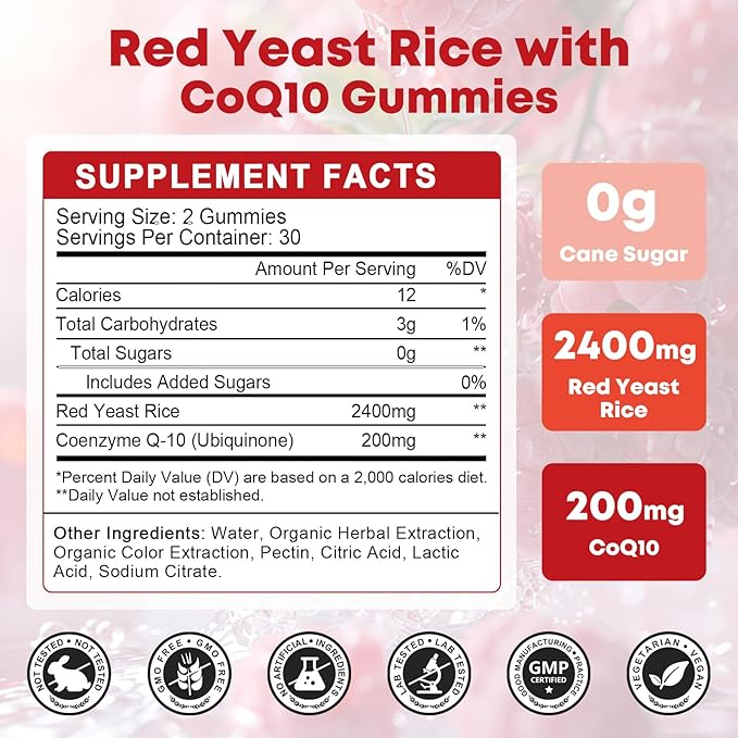 Red Yeast Rice with Coq10 Gummies Red Yeast Rice 2400 mg with CoQ10 200 mg for Cholesterol Lowering Supplements Sugar Free Non-GMO Vegan Heart Health Support – 60 Counts