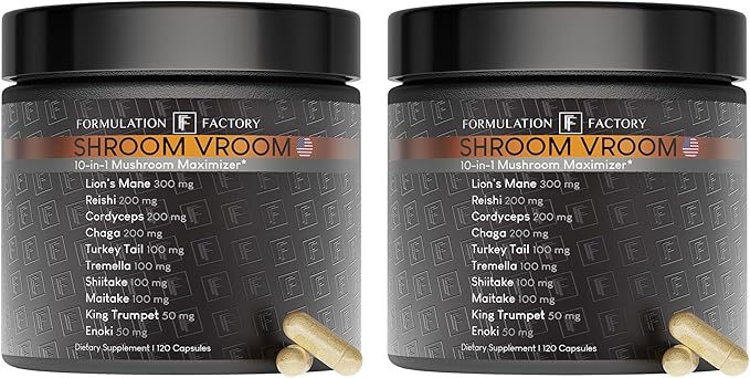 Formulation Factory Shroom Vroom: 10-in-1 Mushroom Supplement Lion’s Mane Reishi Cordyceps Chaga Turkey Tail Tremella Shiitake Maitake King Trumpet &amp Enoki 240 Count (Pack of 2)
