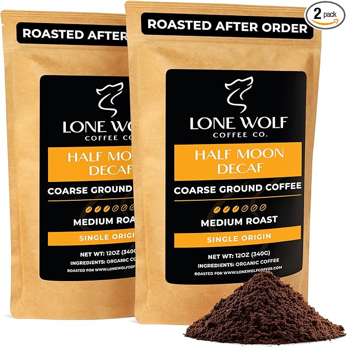 Half Moon Decaf - 2-Pack - Freshly Roasted After Your Order – Specialty Grade Swiss Water Process Low Acid Organic Single Origin Medium Roast Coarse Ground Coffee – Pack of 2 (12 Ounces Each)