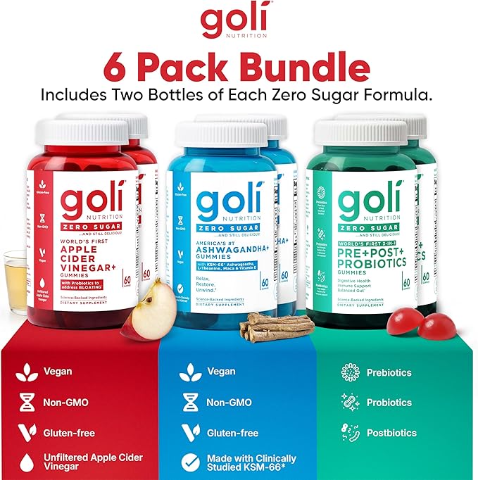 Goli Zero Sugar 6 Pack Bundle - World's First 3-in-1 Pre Post Probiotic Apple Cider Vinegar with Vitamin B12 and Probiotics to Address Bloating Ashwagandha &amp L-Theanine Vitamin D Gummies