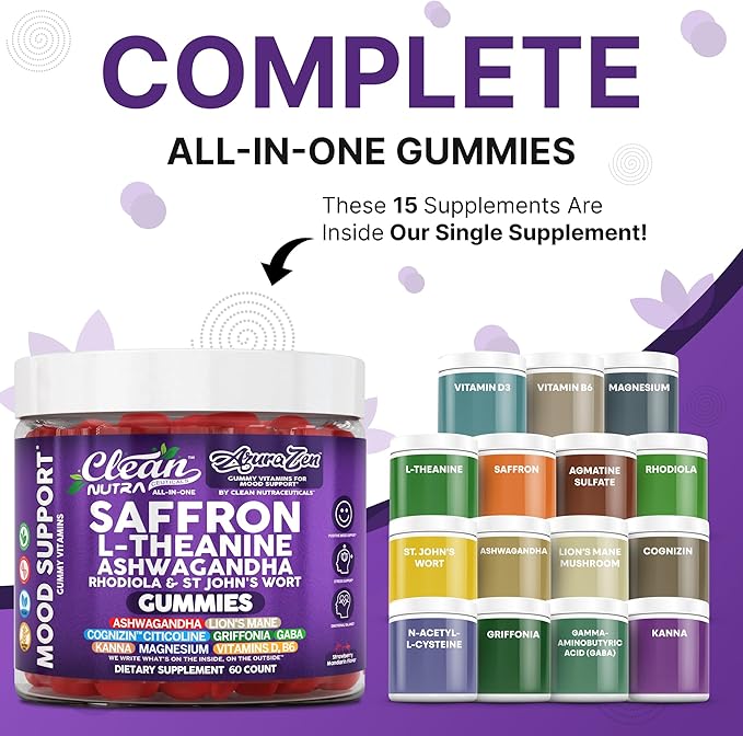 AuraZen Mood Support Saffron Gummies L-Theanine Ashwagandha Rhodiola St John's Wort Lions Mane GABA Vitamin D Magnesium Supplement | Calm Vegan Plant-Based Herbal Gummy By Clean Nutra