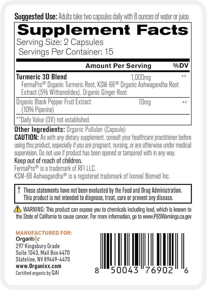 Organixx USDA Organic Turmeric Curcumin Supplement with Ashwagandha Vitamin D Turmeric &amp Ginger – Fermented for Maximum Bioavailability 60 Count + 30 Count