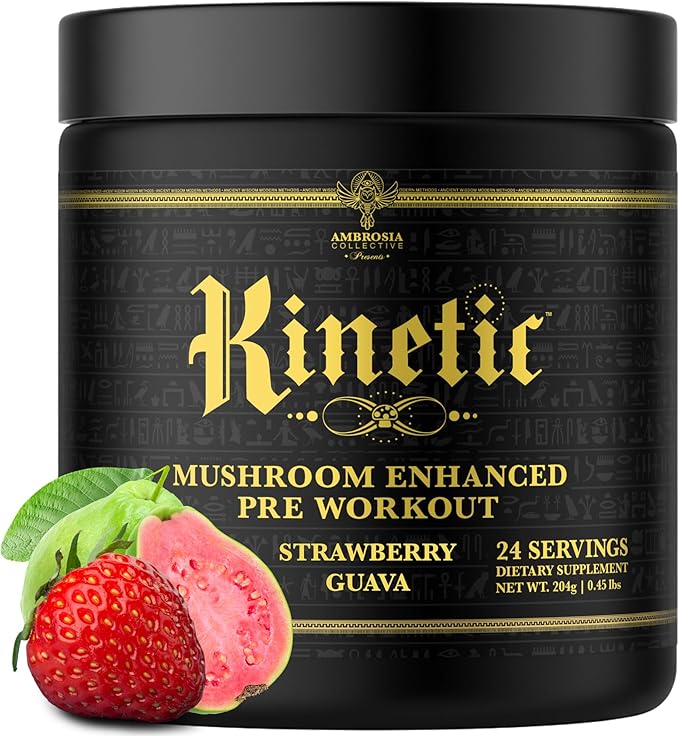 Ambrosia Kinetic - Organic Pre Workout Powder with Creatine | Natural Mushroom Pre Workout | Nootropic Pre for Clean Energy &amp Focus | 24 Servings | Strawberry Guava
