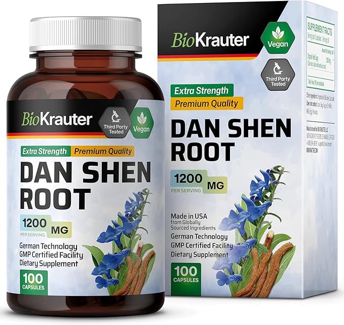 BIO KRAUTER® Dan Shen Red Sage for Circulatory Support - Pure Vegan Dan Shen Supplement (Salvia Miltiorrhiza) 1200 mg per Serving - Antioxidant Herbal Supplement 100 Сapsules 25-Day Supply Non-GMO