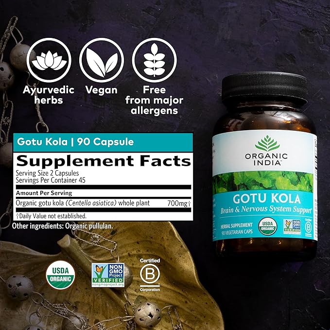 ORGANIC INDIA Gotu Kola Herbal Supplement - Adaptogen for Brain &amp Nervous System Support Vegan Gluten-Free Kosher USDA Certified Organic Non-GMO Calming Mental Clarity - 90 Capsules