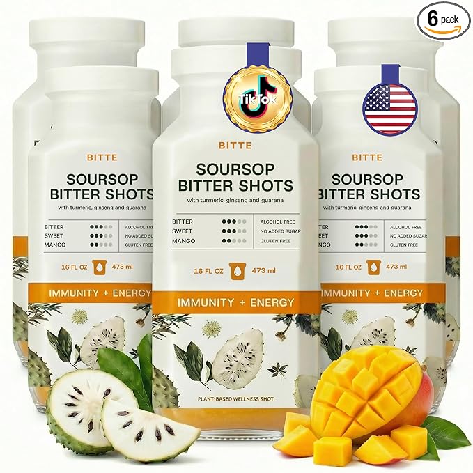 BITTE Immune + Energy Soursop Shots – 6 Pack Ready to Drink Mango Soursop with Zinc Ginseng Guarana &amp Turmeric – 24-Hour Support Ritual Clean Formula Glass Bottle – 96 fl oz Total