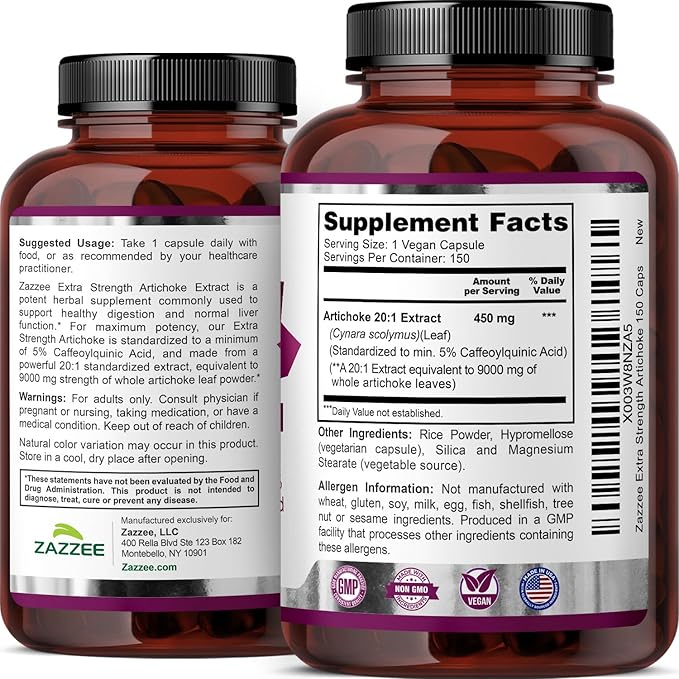 Zazzee Extra Strength Artichoke 20:1 Extract 5% Caffeoylquinic Acid 150 Vegan Capsules 5 Month Supply Cynara Scolymus Digestive &amp Liver Detox Support Herbal Supplement Non-GMO Made in the