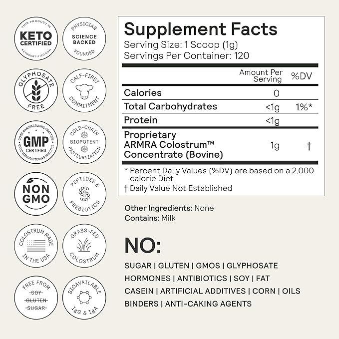 ARMRA Colostrum Powder | Unflavored | Gut Health &amp Bloating | Skin &amp Hair | Immunity | Keto Gluten &amp Fat-Free | 120 Servings