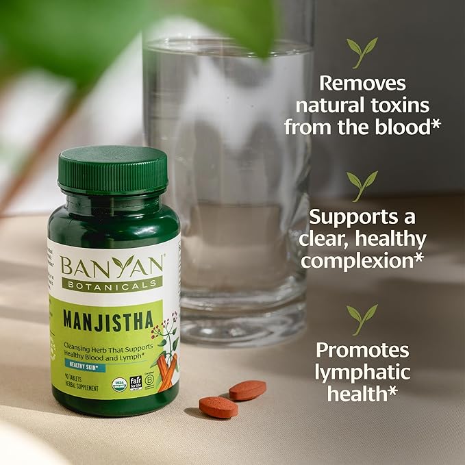 Banyan Botanicals Organic Manjistha – Natural Skin Support &amp Lymphatic Drainage Supplement – Red Root Blood Cleanse for Clear Complexion – 90 Tablets – USDA Organic Fair Trade