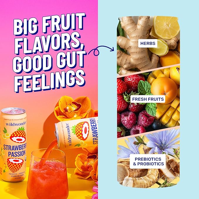 wildwonder Sparkling Probiotic Juice Drink 18pk w/Gut Health &amp Immunity Support 5g Prebiotic Fiber Live Probiotics Organic Vegan Low Sugar Sampler Pack 6 Flavors Seen on Shark Tank