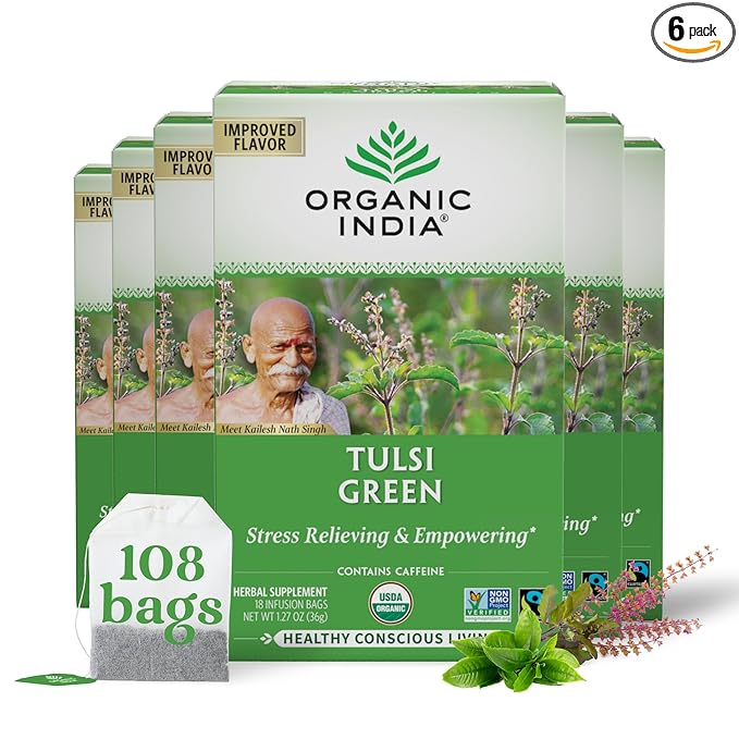 Organic India Tulsi Green Tea Bags - Holy Basil Tea African Basil Stress Relieving Immune Support USDA Certified Organic Premium Darjeeling Green Tea Caffeinated - 18 Infusion Bags 6 Pack