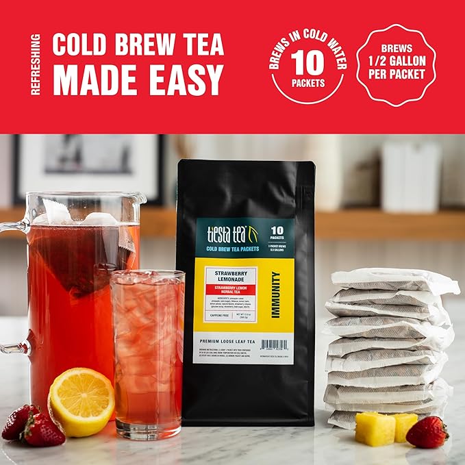 Tiesta Tea - Strawberry Lemonade Cold Brew Tea Loose Leaf Strawberry Lemon Herbal Blend Premium Iced Blends Non-Caffeinated Iced Drink 10 Cold Brew Bags Makes 64oz Pitcher Each