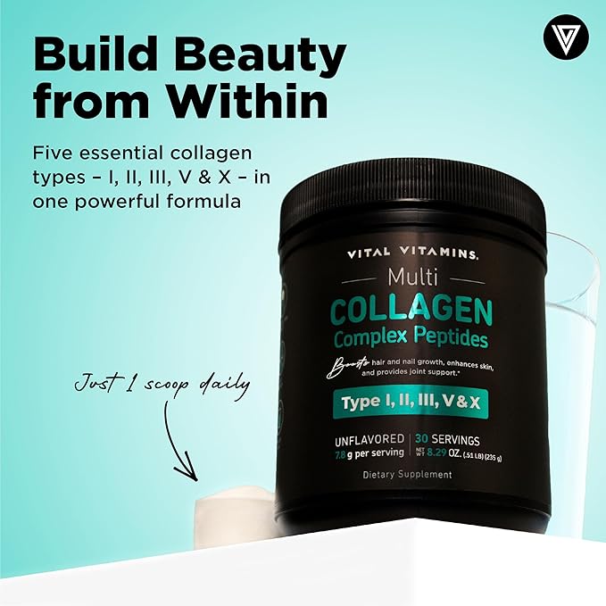 Vital Vitamins Multi Collagen Peptides Powder - Unflavored Easy to Dissolve - Type I II III V X - for Women &amp Men - Promotes Hair Skin Nails &amp Joint Health - 30 Servings