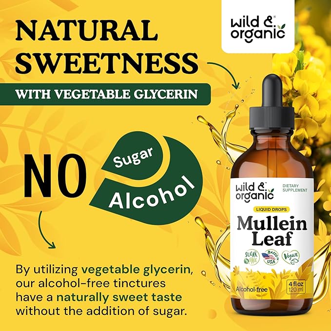 Wild &amp Organic Mullein Drops for Lungs - Herbal Cleanse and Detox - Liquid Mullein Leaf Extract for Lungs with Echinacea - Verbascum Thapsus Tincture - Vegan Sugar &amp Alcohol-Free Supplement -