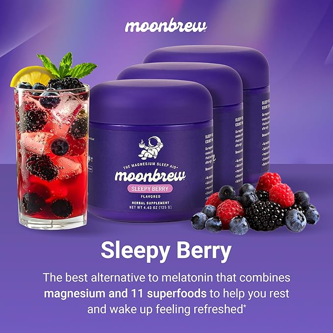 MoonBrew Nighttime Magnesium Sleepy Berry Smoothie Natural Sleep Aid Drink Mix for Adults 3-Pack - Calming Melatonin-Free Sleep Support with L-Theanine Chamomile &amp Zinc Glycinate - 75 Servings