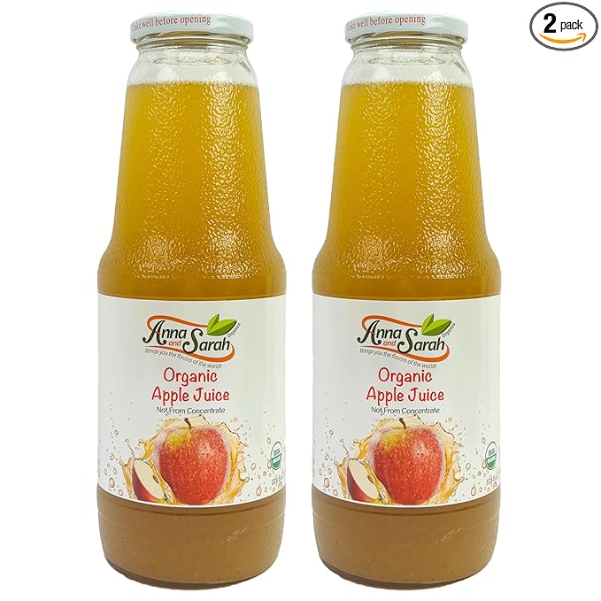 Anna and Sarah 33.8 Oz Organic Apple Juice - USDA Organic Certified - Glass Bottle (2 Pack) No Sugar No Artificial Colors No Preservatives No Flavors AddedNOT from Concentrate