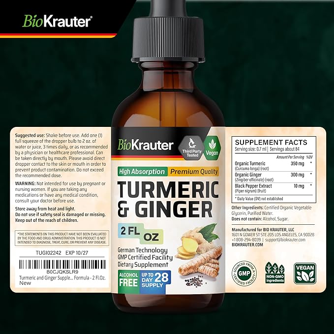 BIO KRAUTER® Turmeric and Ginger Supplement - Pure Vegan Liquid Turmeric &amp Ginger Tincture with Pepper 2 Fl.Oz 28 Days of Supply - Curcumin Drops for Joint Support Antioxidant &amp Immune Suppor