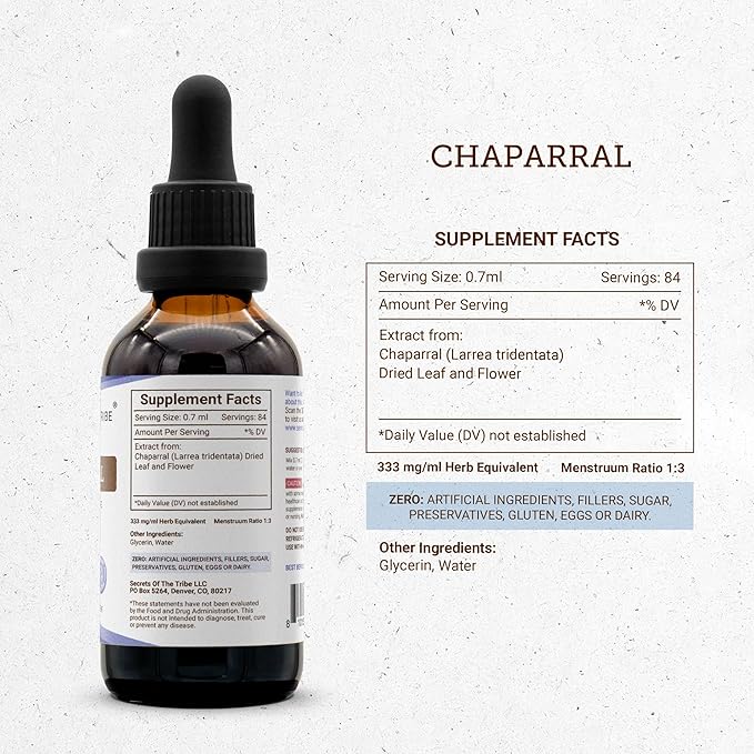 Secrets of the Tribe Chaparral Alcohol-Free Liquid Extract Chaparral (Larrea tridentata) Dried Leaf and Flower Tincture Supplement (2 FL OZ)