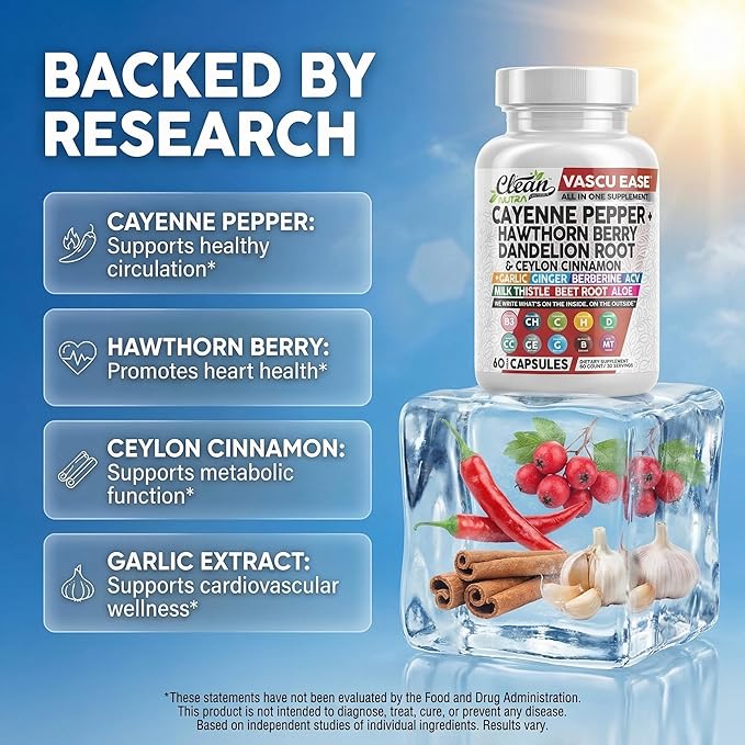 Clean Nutra Cayenne Pepper Capsules Supplement with Hawthorn Berry Dandelion Root Ceylon Cinnamon Garlic Ginger Berberine Apple Cider Vinegar Milk Thistle Beet Root Aloe Vera Pills &amp More