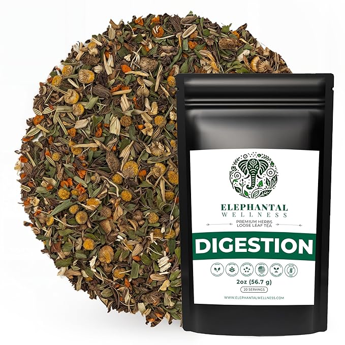 Elephantal Wellness Digestion Herbal Tea – Supports Healthy Digestion &amp Gut Comfort | Burdock Root Ginger Fennel Peppermint Turmeric &amp Chamomile | Caffeine-Free Loose Leaf Tea – 2oz 20 Se