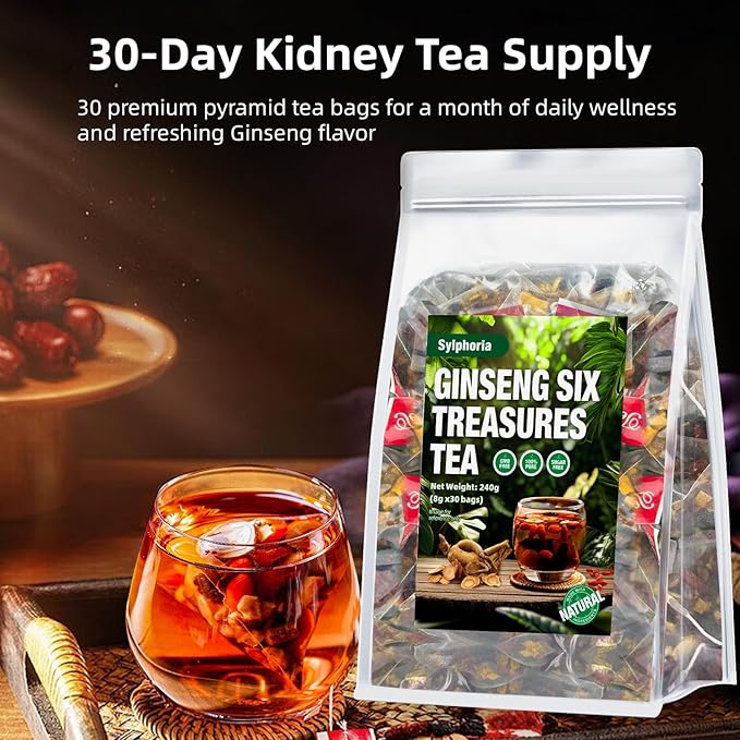 Ginseng Six Treasures Tea Traditional Herbal Kidney Tea Formula Ginseng Six Treasure Tea Bags Natural Kidney Cleanse Tea Bags for Women &amp Men Ginseng Six Treasure Tea（2Pack/50Bags）