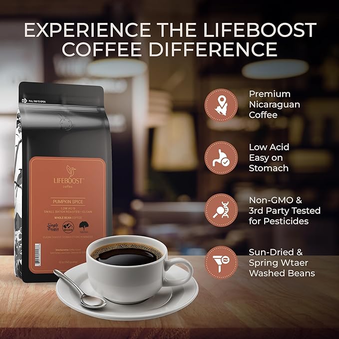 Lifeboost Pumpkin Spice Coffee Whole Bean – Organic Low Acid Non-GMO - Cozy Fall Time Blend – Single Origin Medium Roast Mycotoxin-Free Flavored Coffee 12 oz