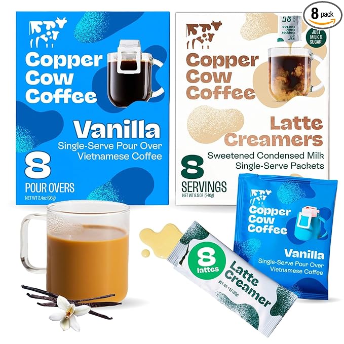 Copper Cow Coffee Pour Over Vietnamese Coffee Pouches + Sweetened Condensed Milk Creamers (8 Coffees &amp 8 Milk Creamers) | Vanilla Lattes No Refrigeration Needed Travel Friendly Ground Coffee
