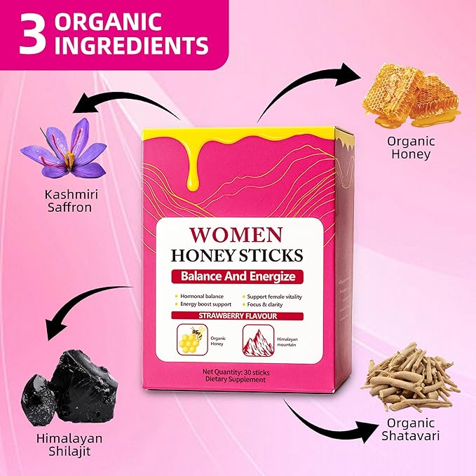 Bloomin Honey Sticks Shilajit for Women Strawberry Honeysticks Natural Energy &amp Vitality Booster with Shatavari &amp Saffron for Hormonal Balance Focus &amp Stamina | 30 Sticks (1)