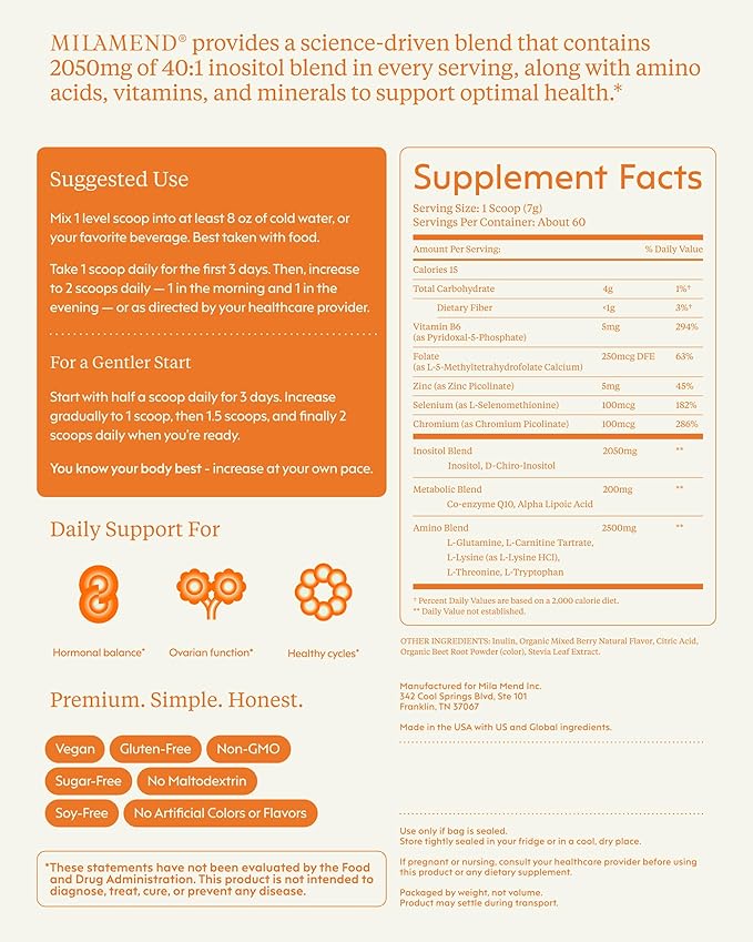 milamend Hormone Balance for Women 40:1 Myo-Inositol D-Chiro Inositol Supplement + CoQ10 ALA &amp Amino Acids – Fertility Ovarian &amp Cycle Support – Mixed Berry Powder – 30-Day Supply