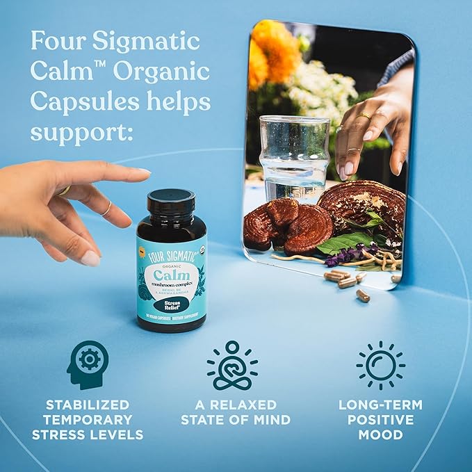 Four Sigmatic Calm Capsules | Vegan Stress Relief Supplement to Promote Positive Mood with Organic Ashwagandha Powder Organic Reishi Mushroom Tulsi (Holy Basil Extract) Vitamin B6 | 30 Servings