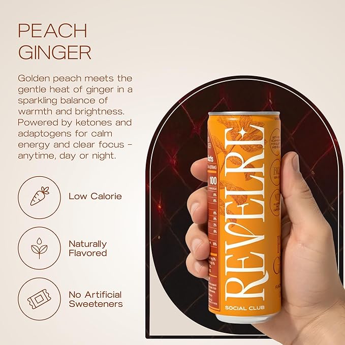 Revelre Functional Social Tonic with Ketones and Adaptogens - Mindful Blend for Focus and Calm - Ketones Magnesium B12 Reishi &amp Cordyceps Mushrooms - Non Alcoholic - Peach Ginger 12 oz (4 Pack
