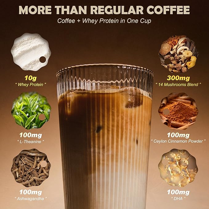 Protein Coffee Powder Whey Protein Iced Coffee | 14-Mushroom Blend with Reishi &amp Lion’s Mane L-Theanine Ashwagandha &amp DHA | No Added Sugar Keto Friendly Gluten Free | Cinnamon Flavor 20