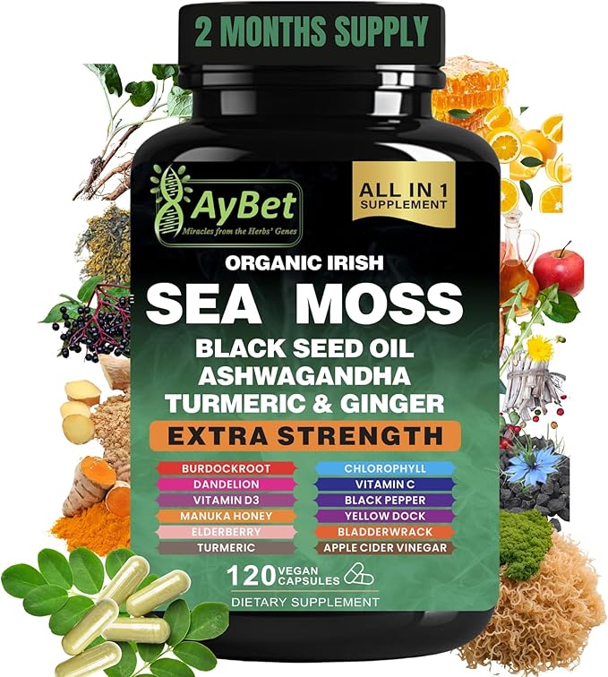 Organic Irish Sea Moss Capsules 120 Count –16 in 1 Sea Moss Supplement with Black Seed Oil Ashwagandha Turmeric &amp Ginger Bladderwrack &amp Burdock Root Vitamin D3 –Organic Vegan Halal Non-