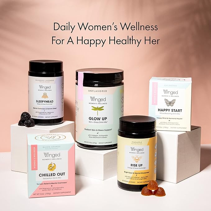 Winged Rise Up Gummies | Energy &amp Brain Boost Supplement &amp Glow Up Collagen Powder | Better Hair Skin Nails for Women Bundle