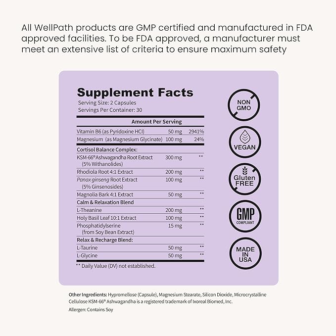 WellPath Soothe Cortisol Manager - Cortisol Supplements for Women with KSM-66® Ashwagandha &amp L-Theanine - Stress Support Detox - 11-in-1 Complex Vegan Made in USA Non-GMO 60 Ct