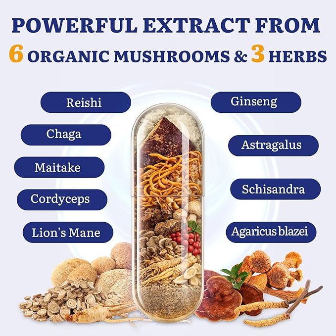 Japanese Reishi Mushroom Complex Supplement 1500mg - ReishiChagaCordycepsLion's ManeMaitakeAgaricus Mushrooms Extract &amp 3 HerbOrganic Mushroom Capsules for ImmuneBrainEnergy (Pack of 1)