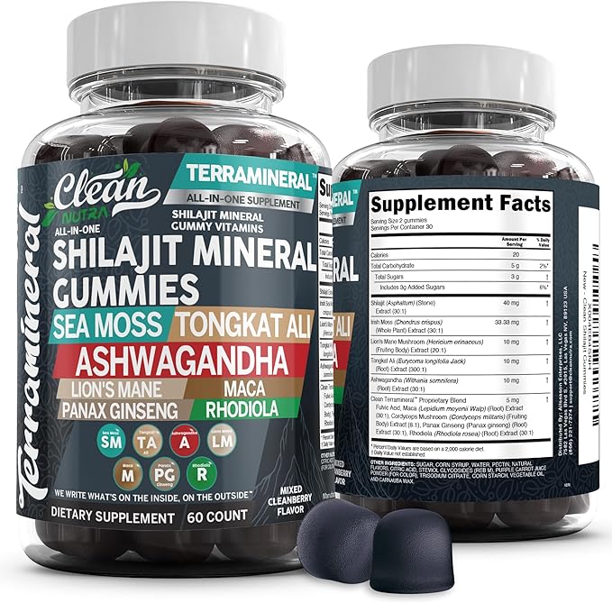 Terramineral Shilajit Gummies with Irish Sea Moss Tongkat Ali Ashwagandha Lion's Mane MACA Panax Ginseng Rhodiola &amp Cordyceps by Clean Nutra (1)