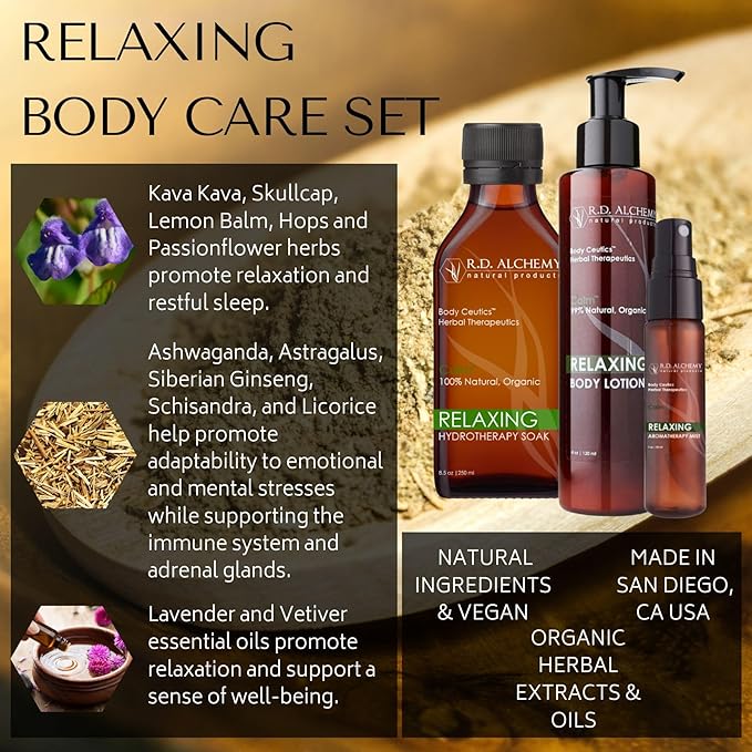 RD Alchemy - Natural &amp Organic Relaxing Body Care Set - Soothe the Day Away and Calm Stress as you Moisturize Soften and Soothe Dry Skin - 3 Part Set: Body Lotion Body Oil &amp Aromatherapy Mis