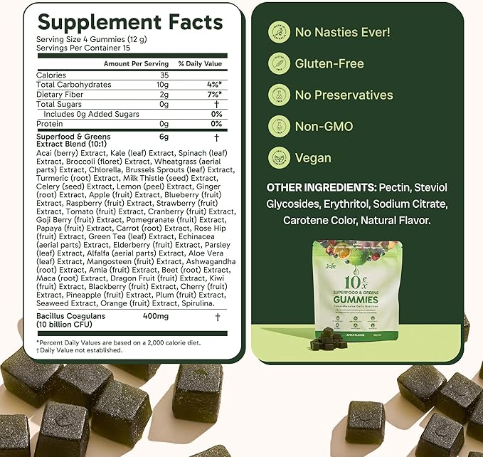 10ex Supergreens Gummies w/Probiotics. 40 Superfoods &amp Super Greens. 10x More Nutrients. Multivitamins &amp Antioxidants from Whole Foods. Healthy Snacks for Adults. Keto Low Carb Low Calorie S